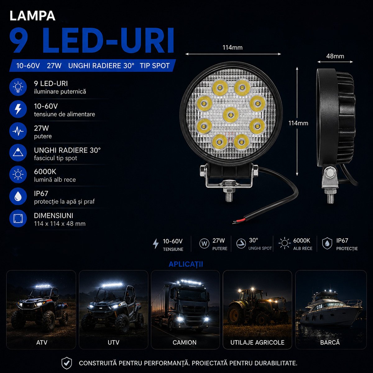 Lampa cu 9 LED-uri 10-60V 27W unghi radiere 30 de grade tip spot 114x114x48mm 6000K IP67 Breckner Germany - imagine 3