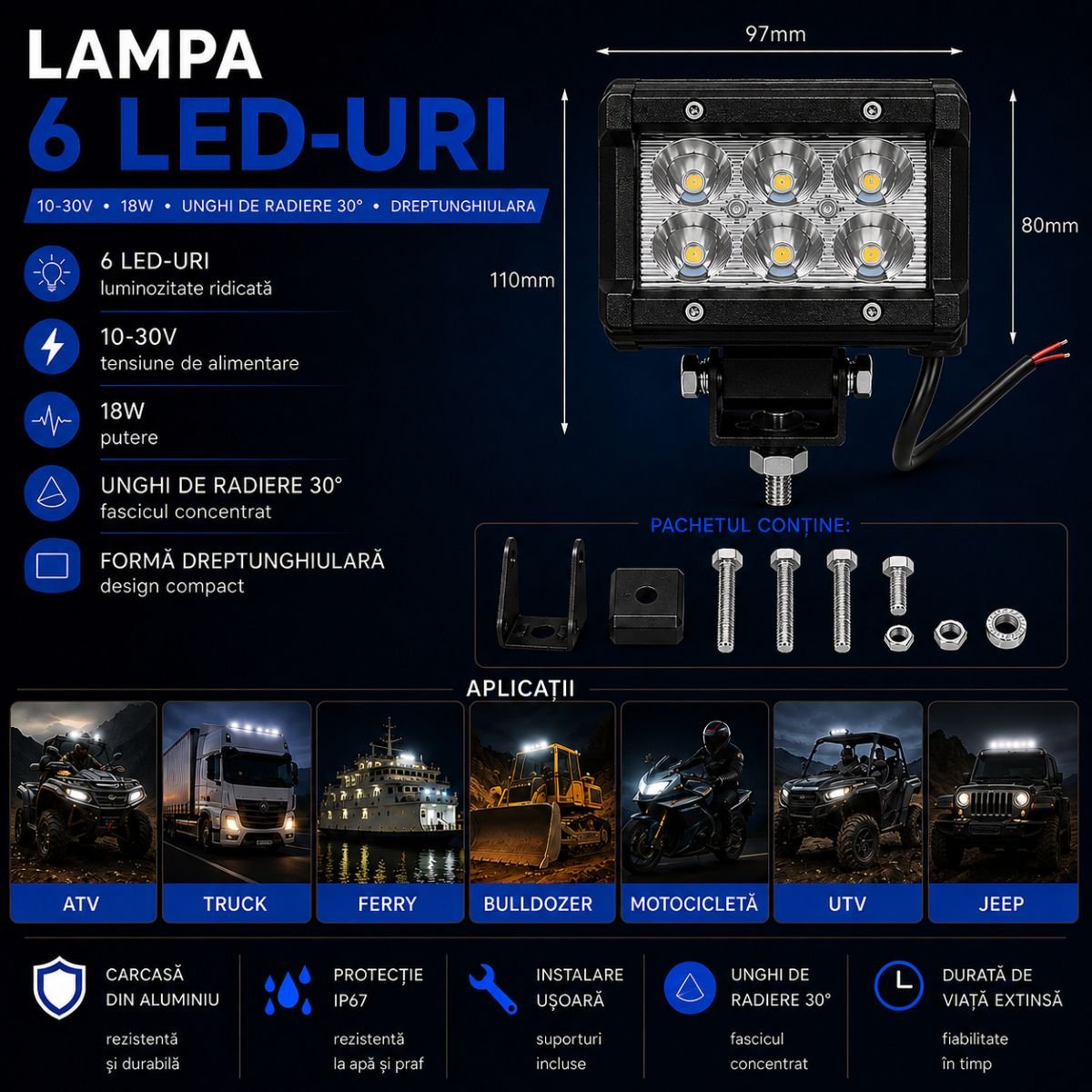 Proiector dreptunghiular 6 LED-uri 10-30V 18W 6000K unghi radiere 30 de grade tip spot 97x80mm IP67 Breckner Germany - imagine 3