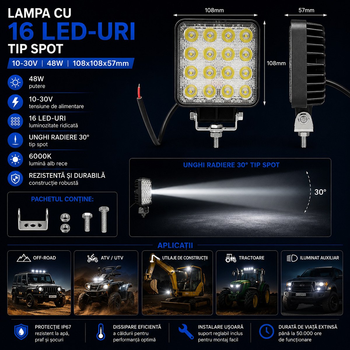 Lampa cu 16 LED-uri 10-30V 48W unghi radiere 30 de grade tip spot 108x108x57mm IP67 Breckner Germany - imagine 3