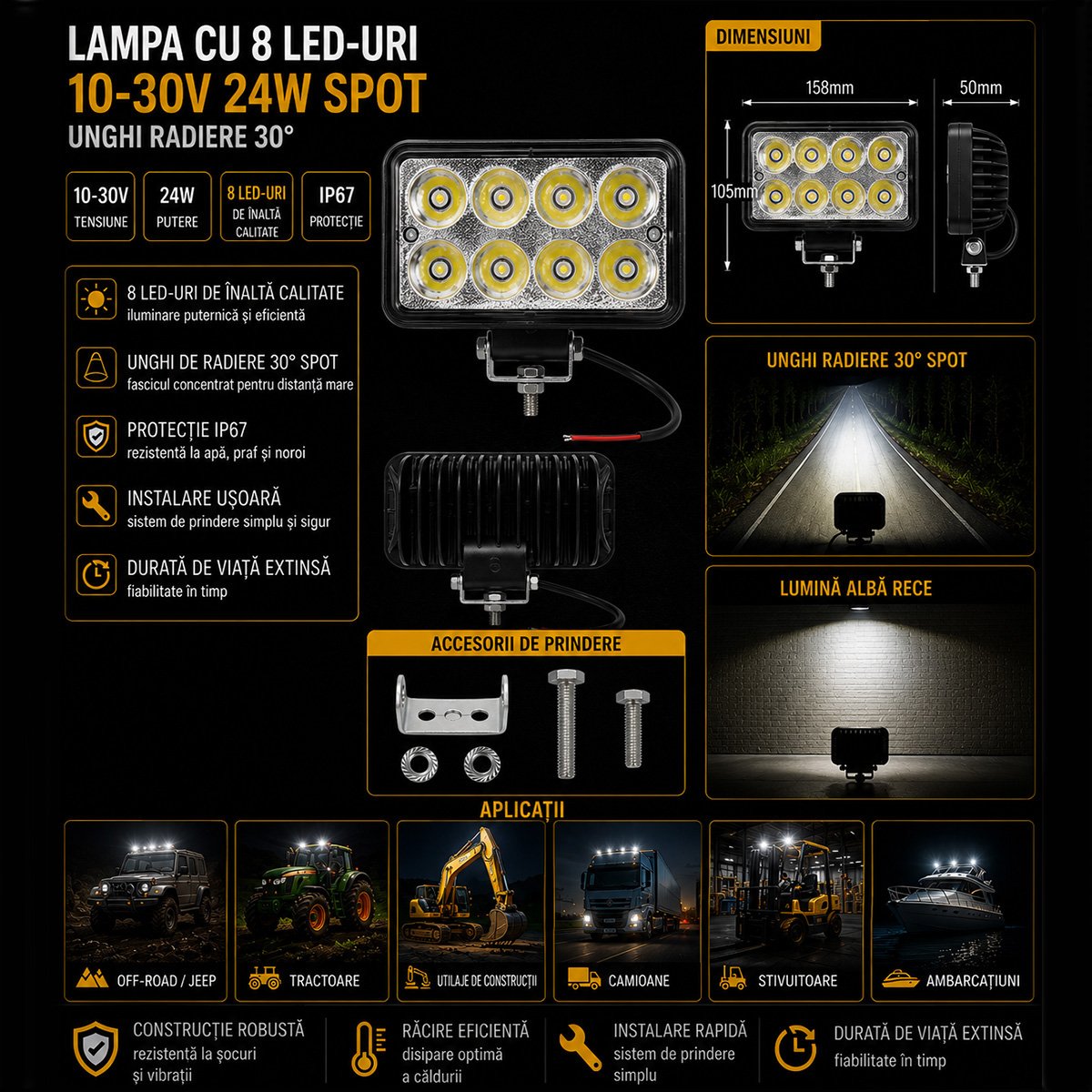 Proiector dreptunghiular LED 24W, 10-30V, 8 LED-uri, unghi radiere 30 de grade tip spot 158x105x50mm Breckner Germany - imagine 4