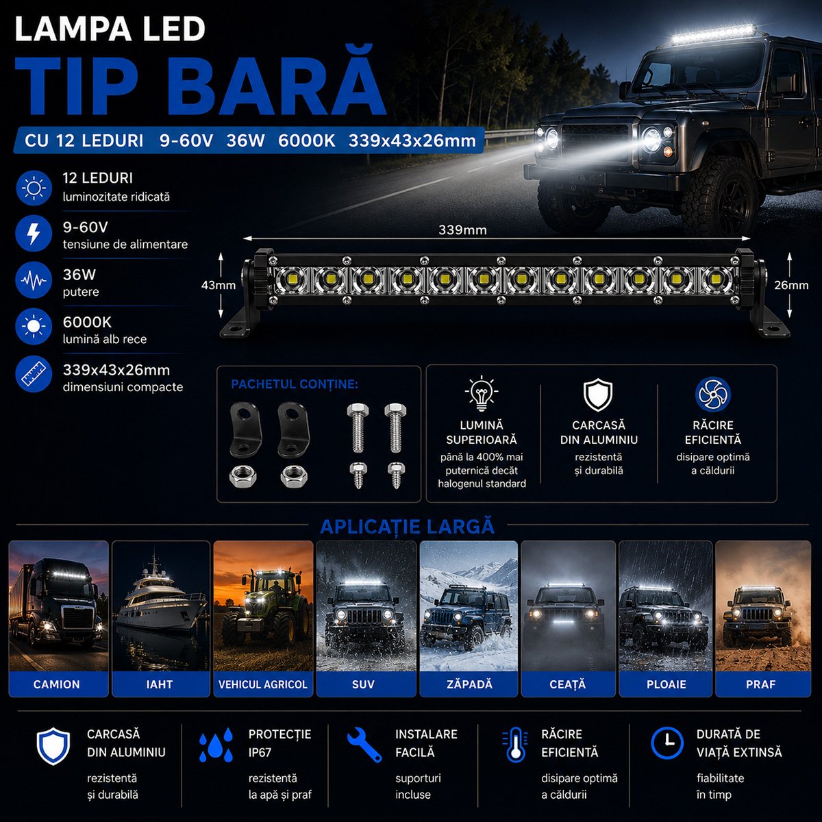Lampa LED tip bara 36W, 9-60V, 6000K, 12 LED-uri 339x43x26mm Breckner Germany - imagine 3